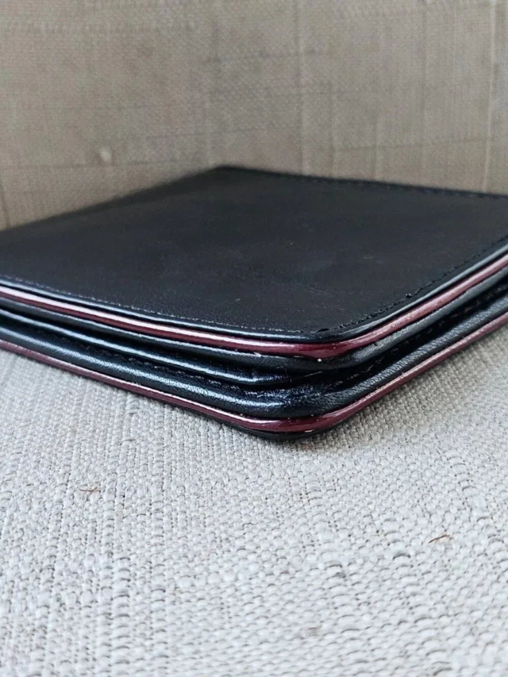 Black Leather Bifold Wallet with Red Trim Billfold Genuine Leather Handmade New